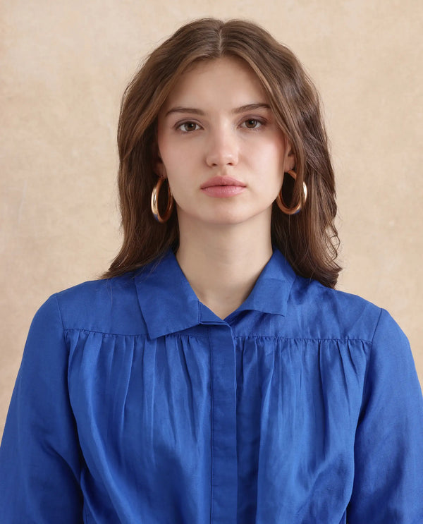 Rareism Women Janima Blue Modal Linen Fabric Cuffed Sleeve Regular Fit Cropped Plain Shirt