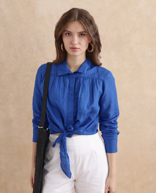 Rareism Women Janima Blue Modal Linen Fabric Cuffed Sleeve Regular Fit Cropped Plain Shirt