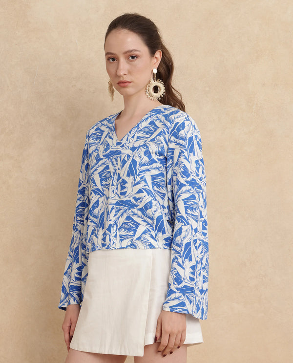 Rareism Women Jankem Light Blue 100% Viscose Fabric Bell Seeves Regular Fit Cropped Abstract Print Top