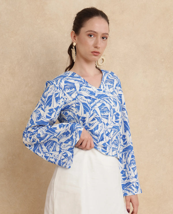 Rareism Women Jankem Light Blue 100% Viscose Fabric Bell Seeves Regular Fit Cropped Abstract Print Top