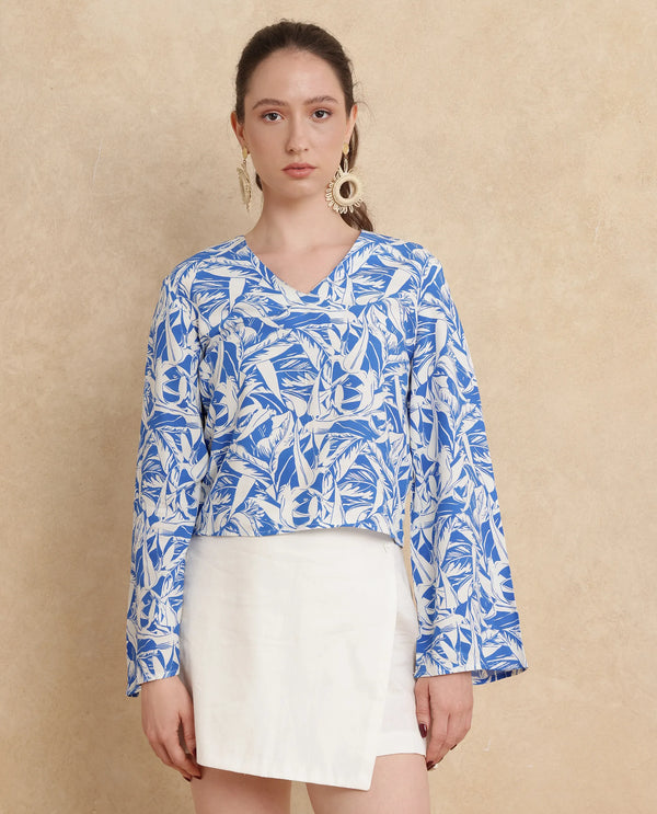 Rareism Women Jankem Light Blue 100% Viscose Fabric Bell Seeves Regular Fit Cropped Abstract Print Top