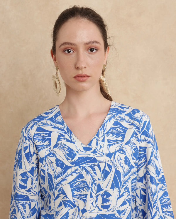 Rareism Women Jankem Light Blue 100% Viscose Fabric Bell Seeves Regular Fit Cropped Abstract Print Top
