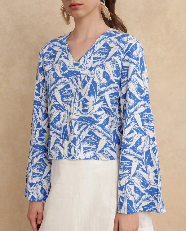 Rareism Women Jankem Light Blue 100% Viscose Fabric Bell Seeves Regular Fit Cropped Abstract Print Top