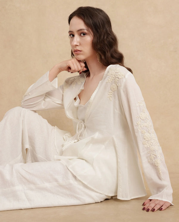 Rareism Women Janket Off White 100%Viscose Fabric Regular Sleeve Band Collar Regular Fit Plain Shrug