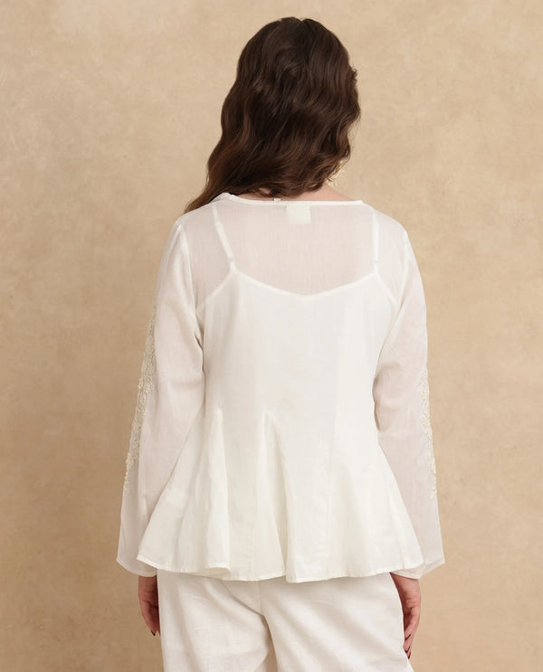 Rareism Women Janket Off White 100%Viscose Fabric Regular Sleeve Band Collar Regular Fit Plain Shrug