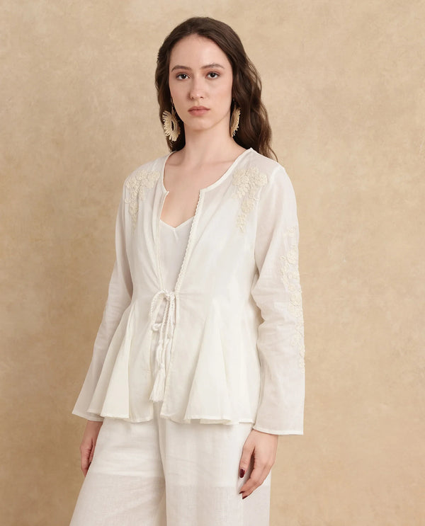 Rareism Women Janket Off White 100%Viscose Fabric Regular Sleeve Band Collar Regular Fit Plain Shrug