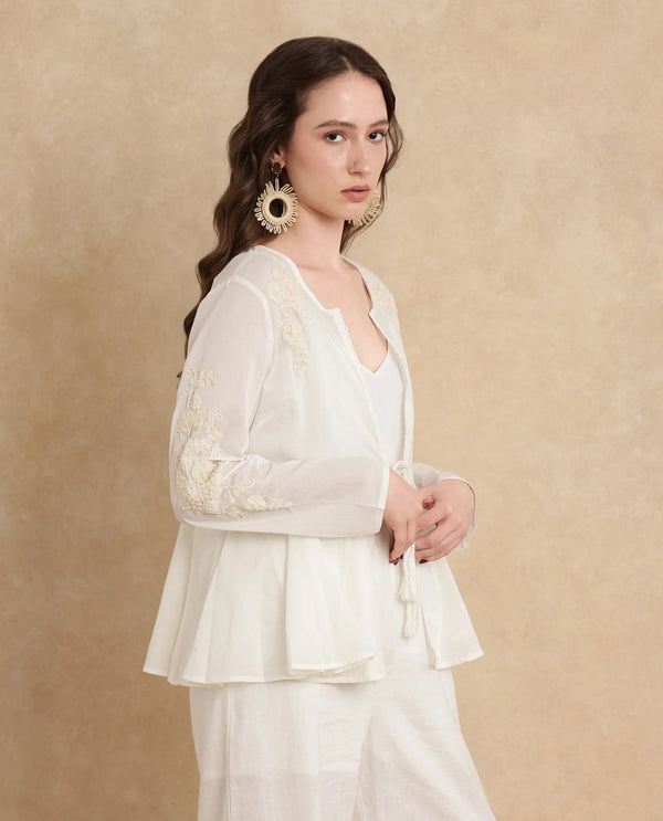 Rareism Women Janket Off White 100%Viscose Fabric Regular Sleeve Band Collar Regular Fit Plain Shrug