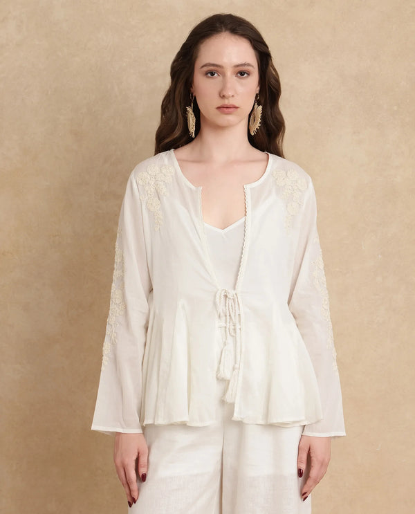 Rareism Women Janket Off White 100%Viscose Fabric Regular Sleeve Band Collar Regular Fit Plain Shrug