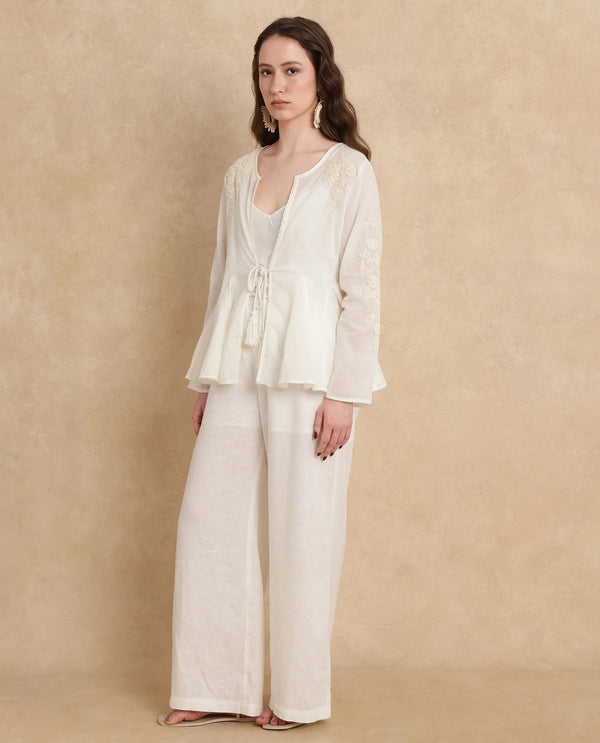 Rareism Women Janket Off White 100%Viscose Fabric Regular Sleeve Band Collar Regular Fit Plain Shrug