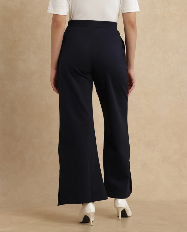 Rareism Women Jancuri Navy Rayon Nylon Fabric Straight Fit Ankle Length Plain Trouser