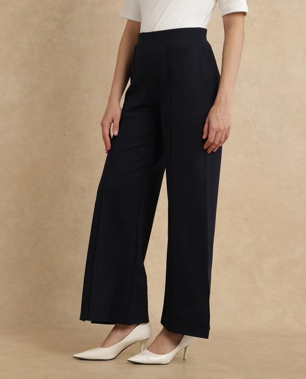Rareism Women Jancuri Navy Rayon Nylon Fabric Straight Fit Ankle Length Plain Trouser