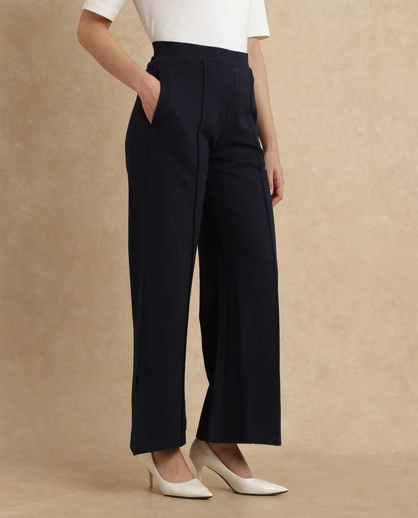 Rareism Women Jancuri Navy Rayon Nylon Fabric Straight Fit Ankle Length Plain Trouser
