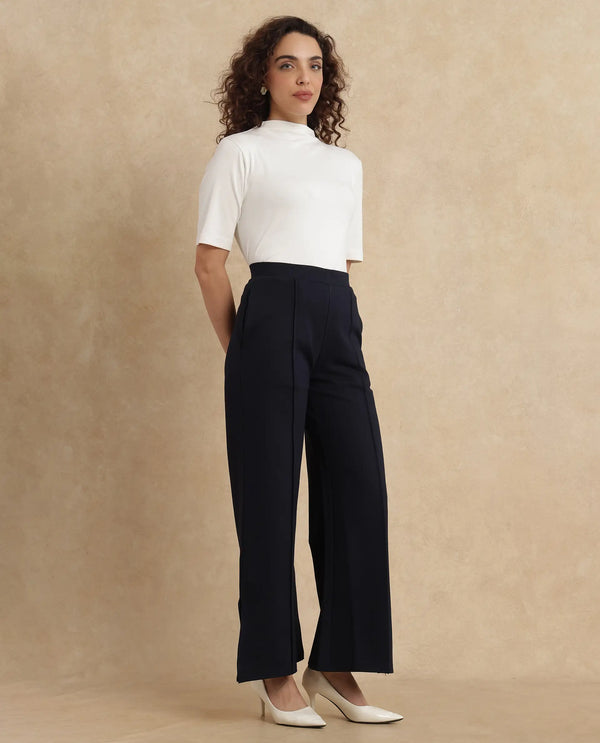 Rareism Women Jancuri Navy Rayon Nylon Fabric Straight Fit Ankle Length Plain Trouser