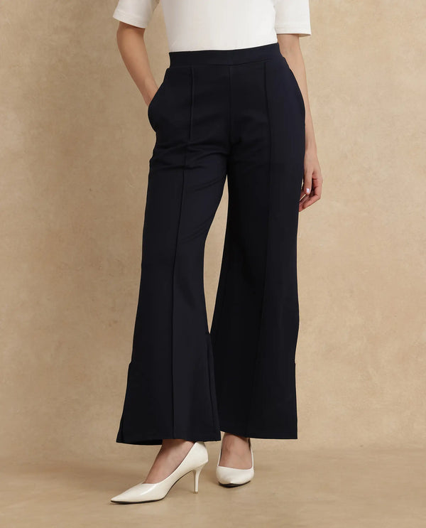 Rareism Women Jancuri Navy Rayon Nylon Fabric Straight Fit Ankle Length Plain Trouser