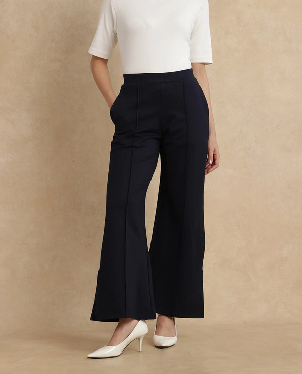 Rareism Women Jancuri Navy Rayon Nylon Fabric Straight Fit Ankle Length Plain Trouser