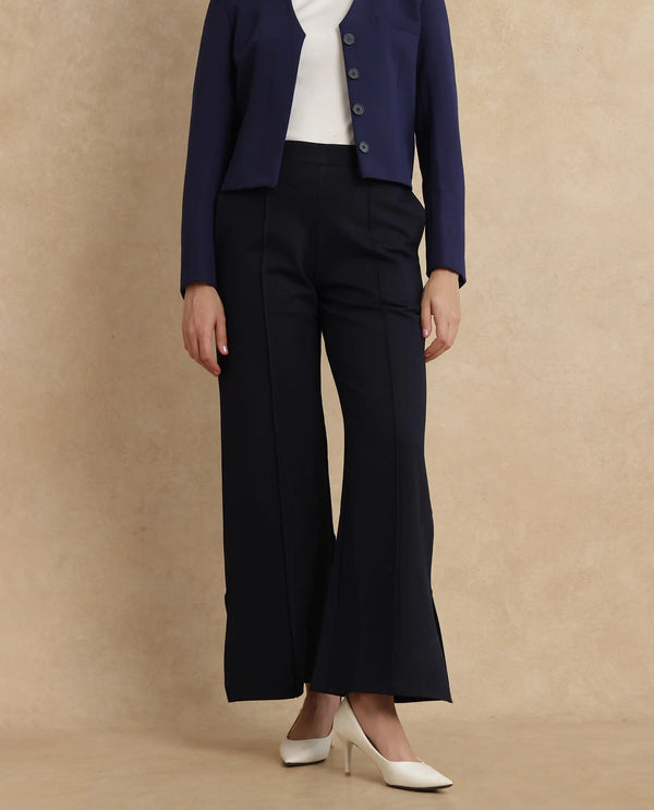 Rareism Women Jancuri Navy Rayon Nylon Fabric Straight Fit Ankle Length Plain Trouser