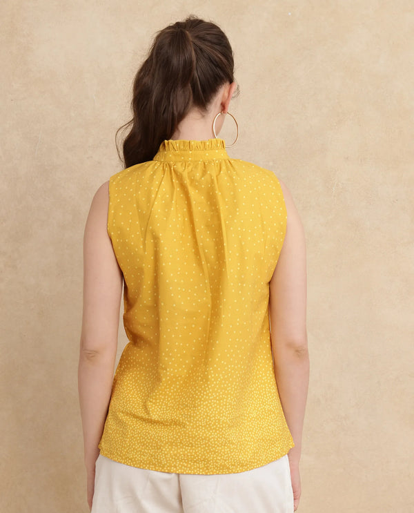 Rareism Women Janlepo Mustard Cotton Fabric Sleeveless Regular Fit Polka Print Top