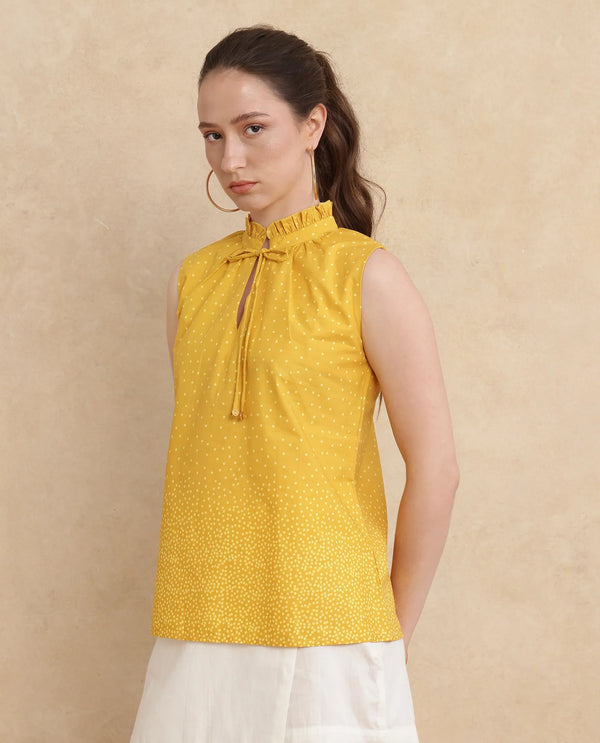 Rareism Women Janlepo Mustard Cotton Fabric Sleeveless Regular Fit Polka Print Top