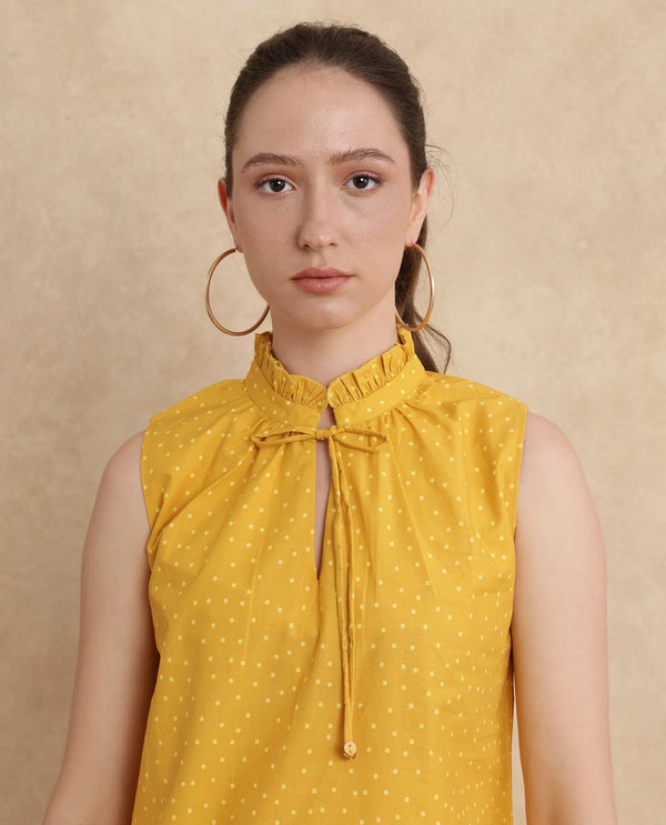 Rareism Women Janlepo Mustard Cotton Fabric Sleeveless Regular Fit Polka Print Top