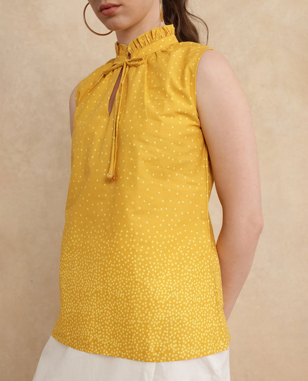 Rareism Women Janlepo Mustard Cotton Fabric Sleeveless Regular Fit Polka Print Top