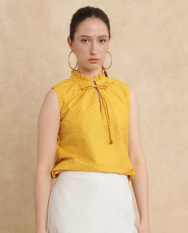 Rareism Women Janlepo Mustard Cotton Fabric Sleeveless Regular Fit Polka Print Top