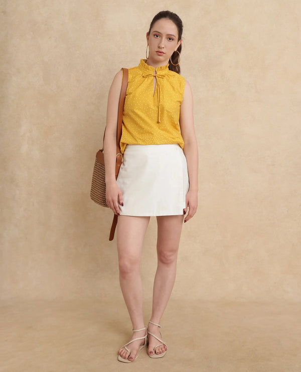 Rareism Women Janlepo Mustard Cotton Fabric Sleeveless Regular Fit Polka Print Top