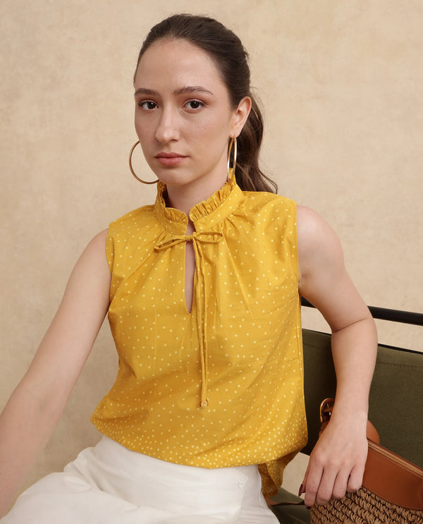 Rareism Women Janlepo Mustard Cotton Fabric Sleeveless Regular Fit Polka Print Top