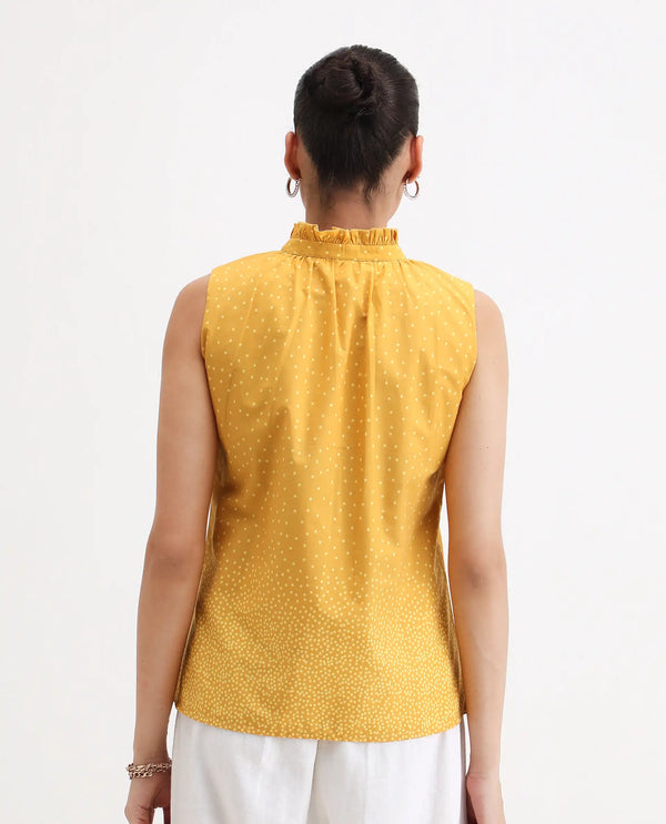 Rareism Women Janlepo Mustard 100% Cotton Fabric Sleeveless Regular Fit Polka Print Top