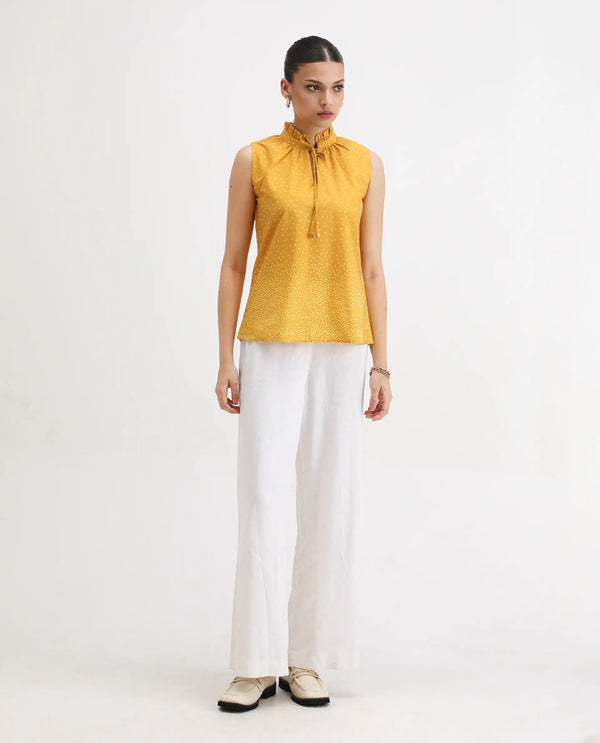 Rareism Women Janlepo Mustard 100% Cotton Fabric Sleeveless Regular Fit Polka Print Top