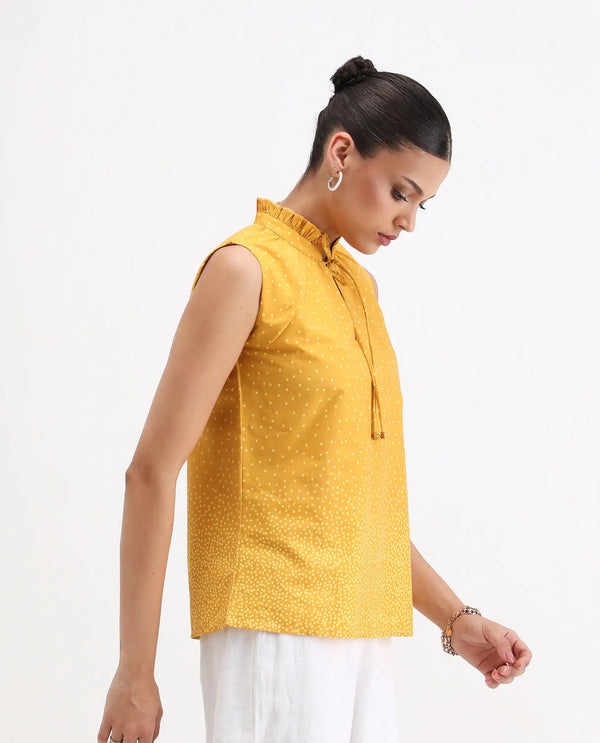 Rareism Women Janlepo Mustard 100% Cotton Fabric Sleeveless Regular Fit Polka Print Top