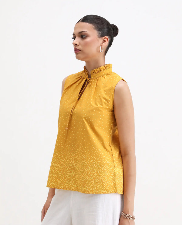 Rareism Women Janlepo Mustard 100% Cotton Fabric Sleeveless Regular Fit Polka Print Top