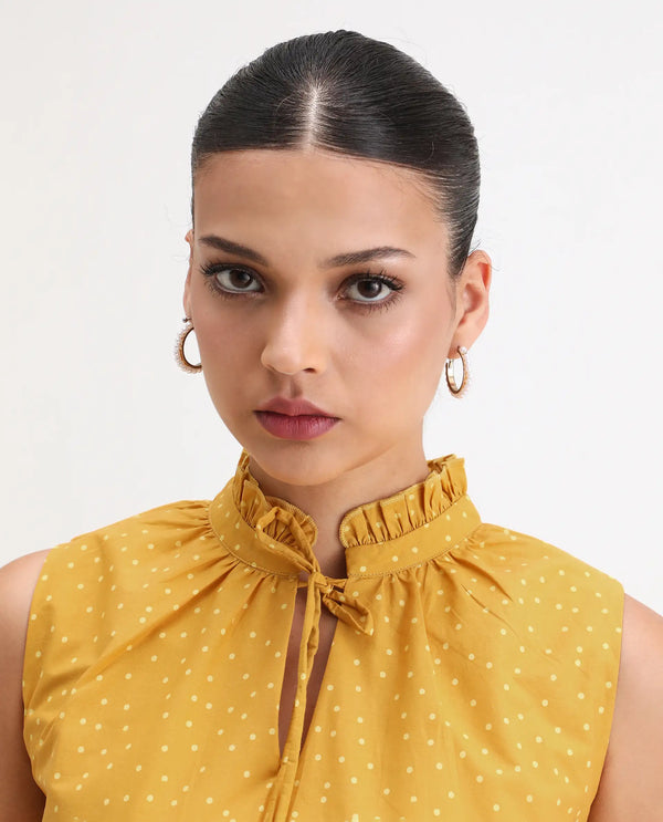 Rareism Women Janlepo Mustard 100% Cotton Fabric Sleeveless Regular Fit Polka Print Top