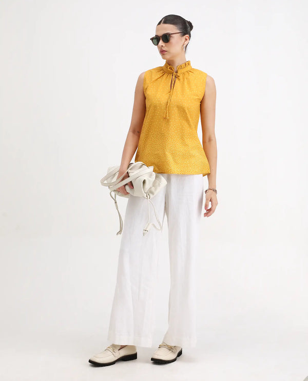 Rareism Women Janlepo Mustard 100% Cotton Fabric Sleeveless Regular Fit Polka Print Top