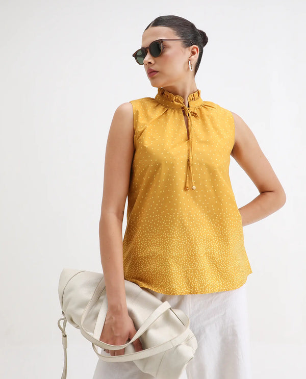 Rareism Women Janlepo Mustard 100% Cotton Fabric Sleeveless Regular Fit Polka Print Top