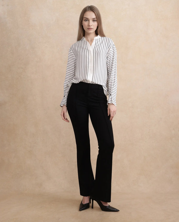 Rareism Women Janlopo Off White Modal Fabric Regular Sleeve Regular Fit Narrow Stripes Top