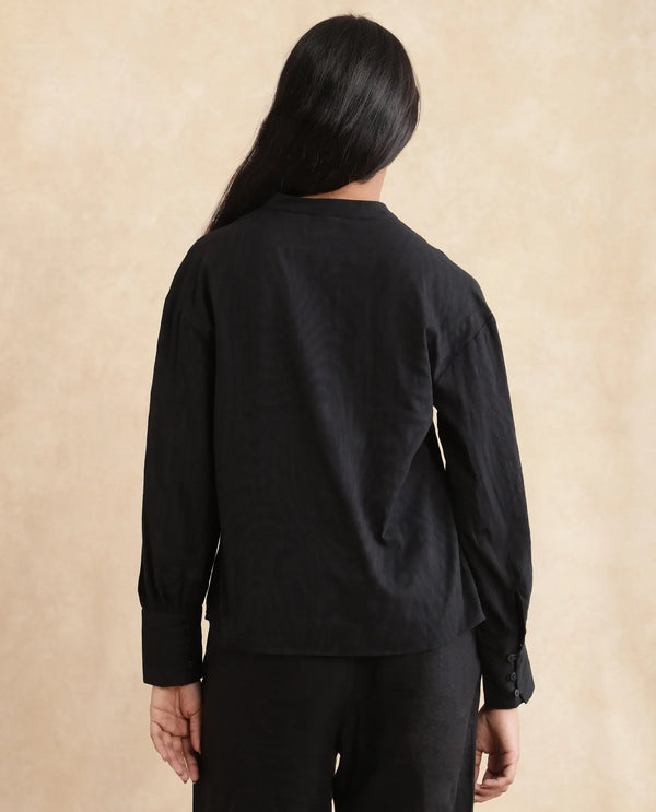 Rareism Women Janmax Black 100% Cotton Fabric Cuffed Sleeve Tie Up Neck Regular Fit Plain Top