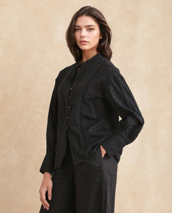 Rareism Women Janmax Black 100% Cotton Fabric Cuffed Sleeve Tie Up Neck Regular Fit Plain Top