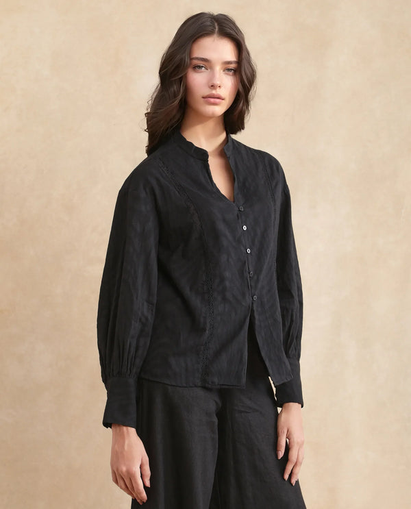 Rareism Women Janmax Black 100% Cotton Fabric Cuffed Sleeve Tie Up Neck Regular Fit Plain Top
