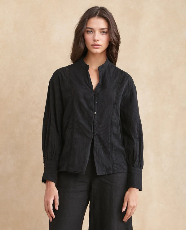 Rareism Women Janmax Black 100% Cotton Fabric Cuffed Sleeve Tie Up Neck Regular Fit Plain Top