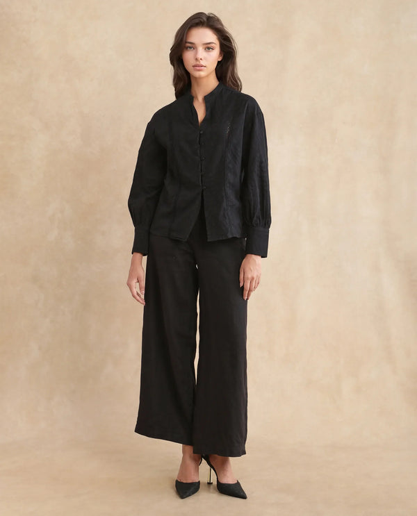 Rareism Women Janmax Black 100% Cotton Fabric Cuffed Sleeve Tie Up Neck Regular Fit Plain Top