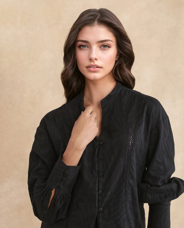 Rareism Women Janmax Black 100% Cotton Fabric Cuffed Sleeve Tie Up Neck Regular Fit Plain Top