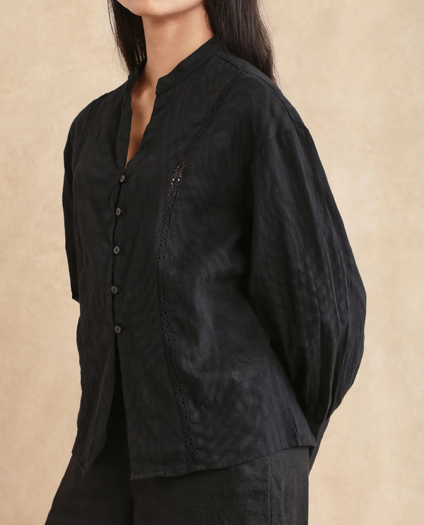 Rareism Women Janmax Black 100% Cotton Fabric Cuffed Sleeve Tie Up Neck Regular Fit Plain Top
