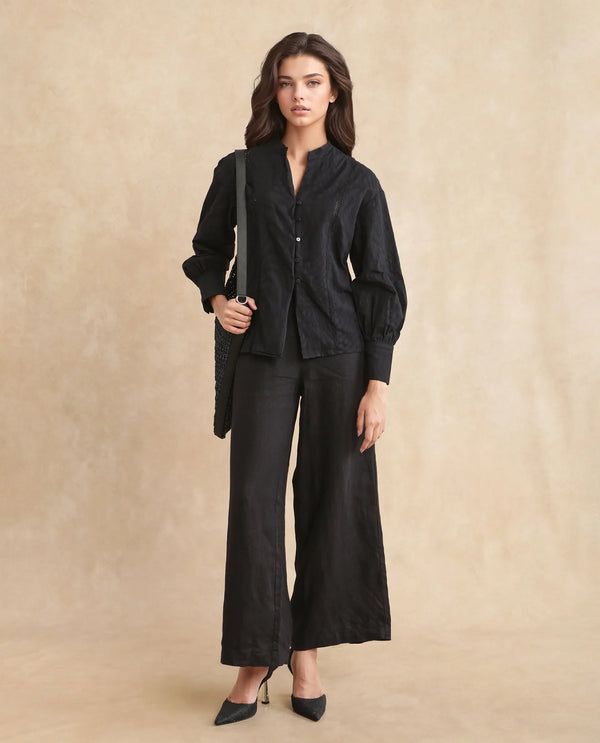 Rareism Women Janmax Black 100% Cotton Fabric Cuffed Sleeve Tie Up Neck Regular Fit Plain Top