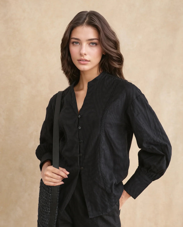 Rareism Women Janmax Black 100% Cotton Fabric Cuffed Sleeve Tie Up Neck Regular Fit Plain Top