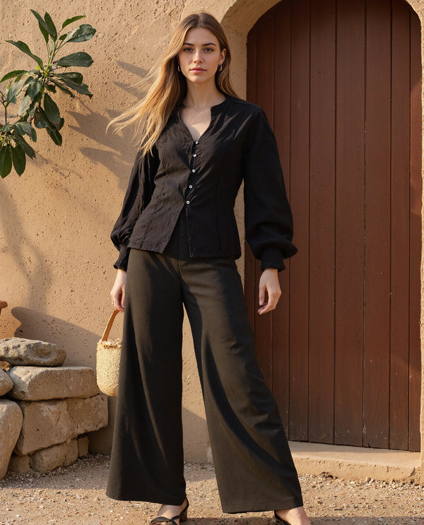 Rareism Women Janmax Black 100% Cotton Fabric Cuffed Sleeve Tie Up Neck Regular Fit Plain Top
