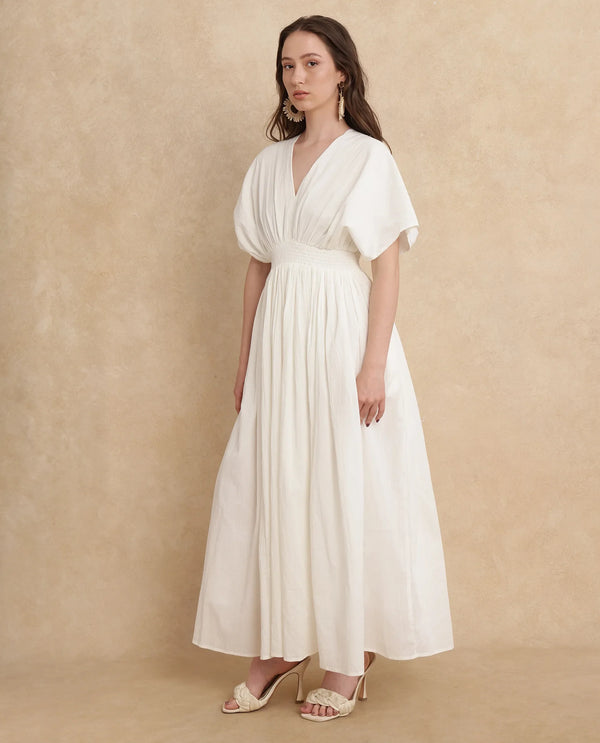 Rareism Women Janmay Beige Cotton Fabric Kimono Sleeve Flared Maxi Plain Dress