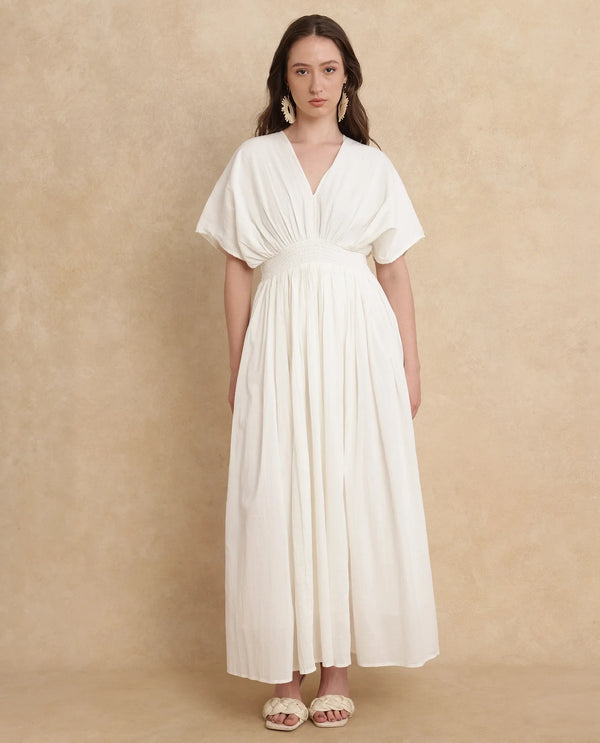 Rareism Women Janmay Beige Cotton Fabric Kimono Sleeve Flared Maxi Plain Dress