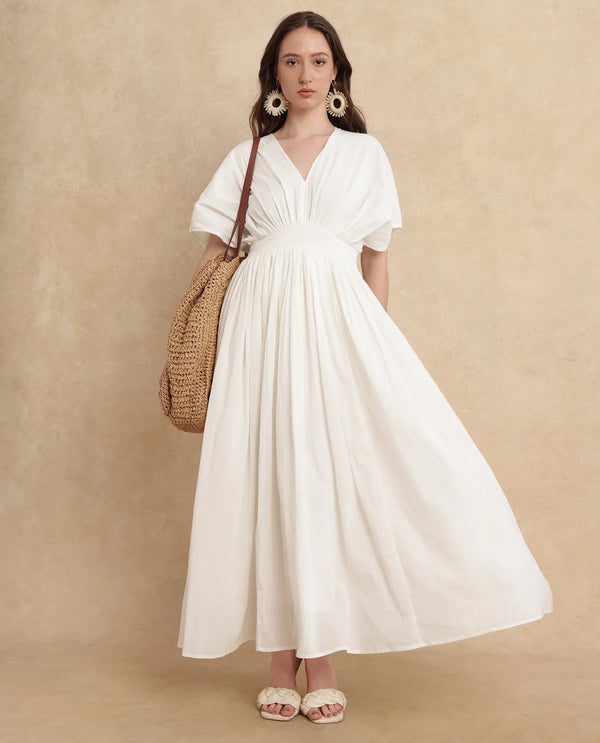 Rareism Women Janmay Beige Cotton Fabric Kimono Sleeve Flared Maxi Plain Dress
