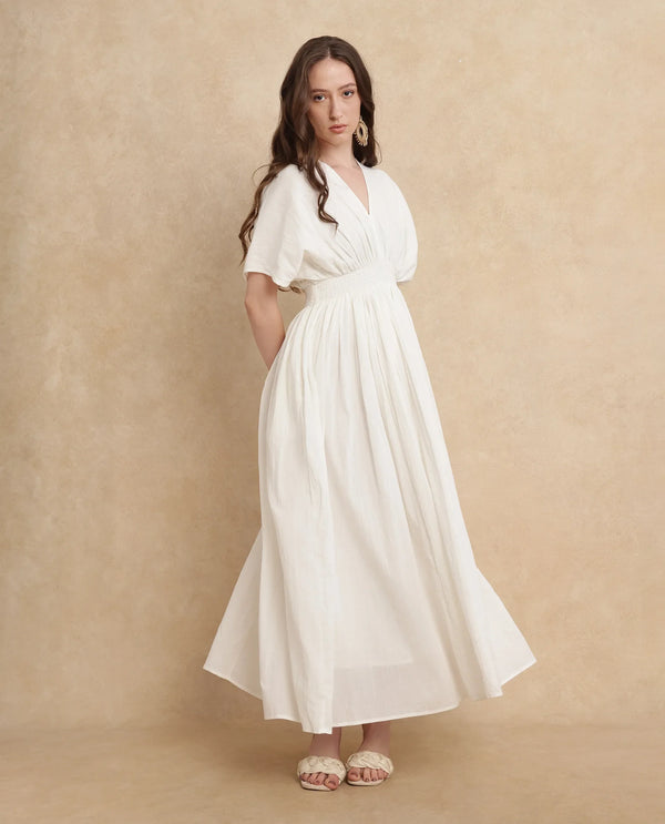 Rareism Women Janmay Beige Cotton Fabric Kimono Sleeve Flared Maxi Plain Dress