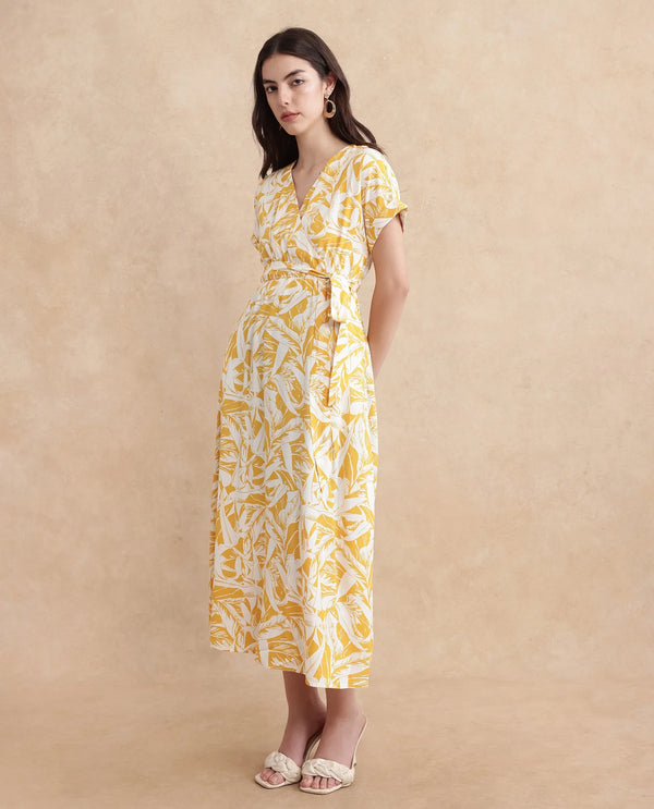 Rareism Women's Janmink Light Mustard Viscose Fabric Overlap Neck Tie-Up Closure Ruffled Sleeve Floral Print Wrap Midi Dress